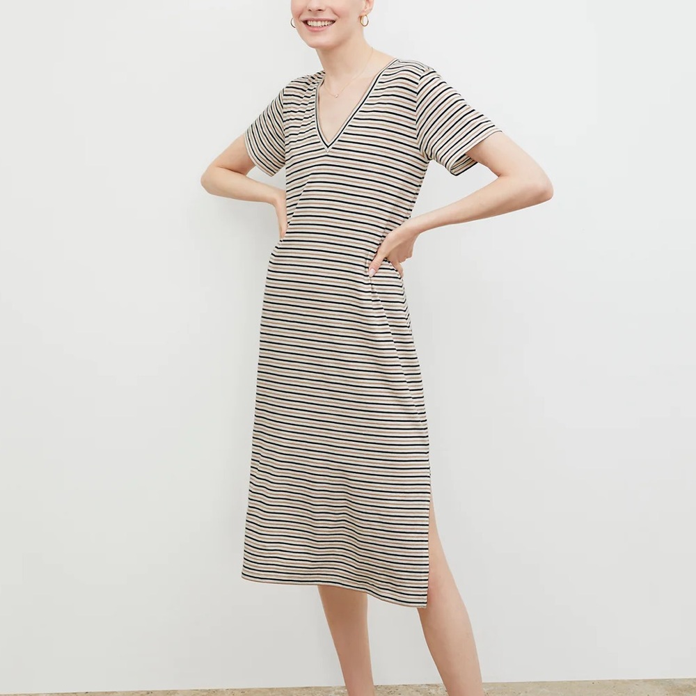 MM LaFleur Black and Cream Striped V-Neck Midi Dress